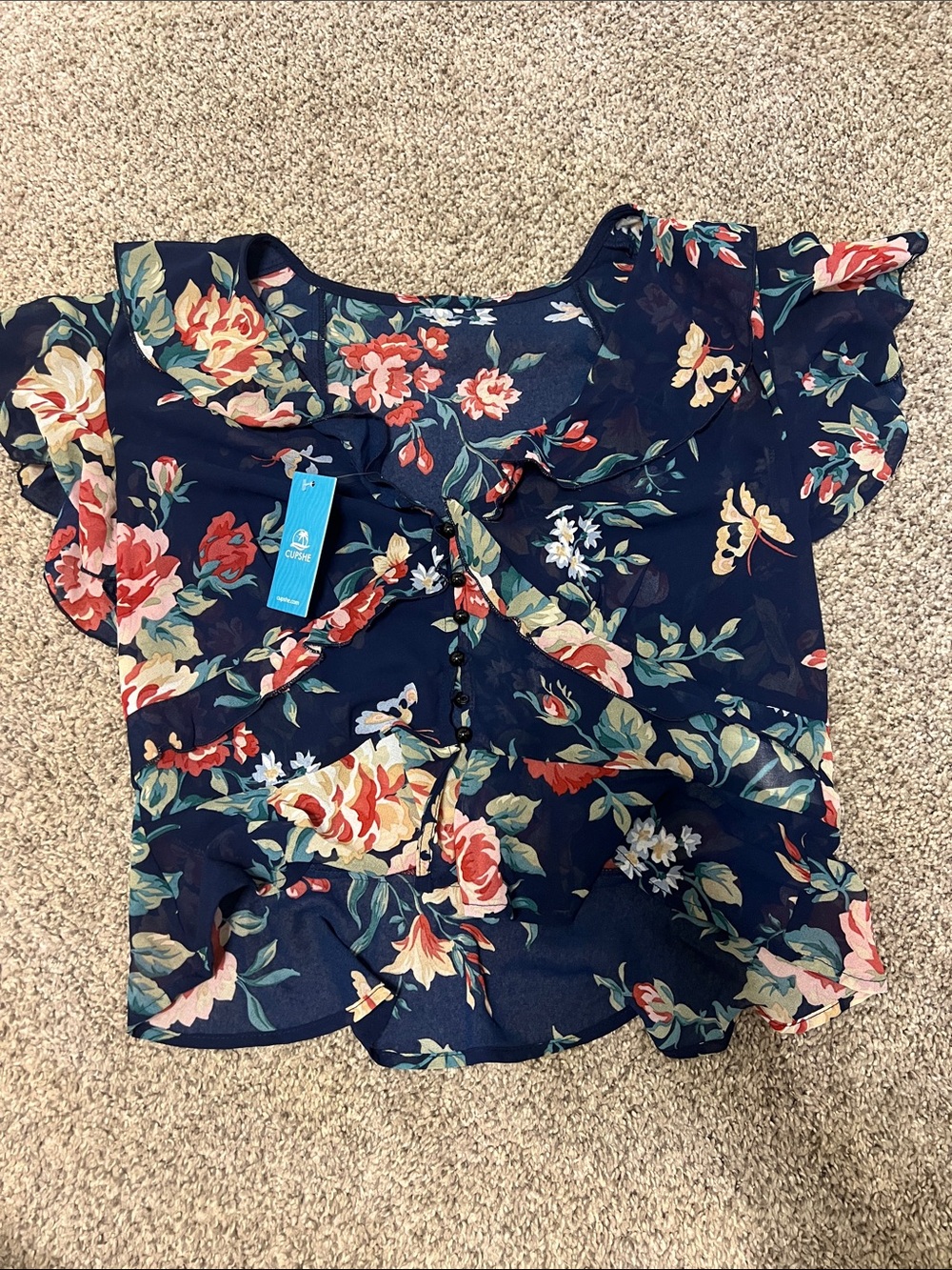Cupshe Navy Floral Ruffle Front Blouse